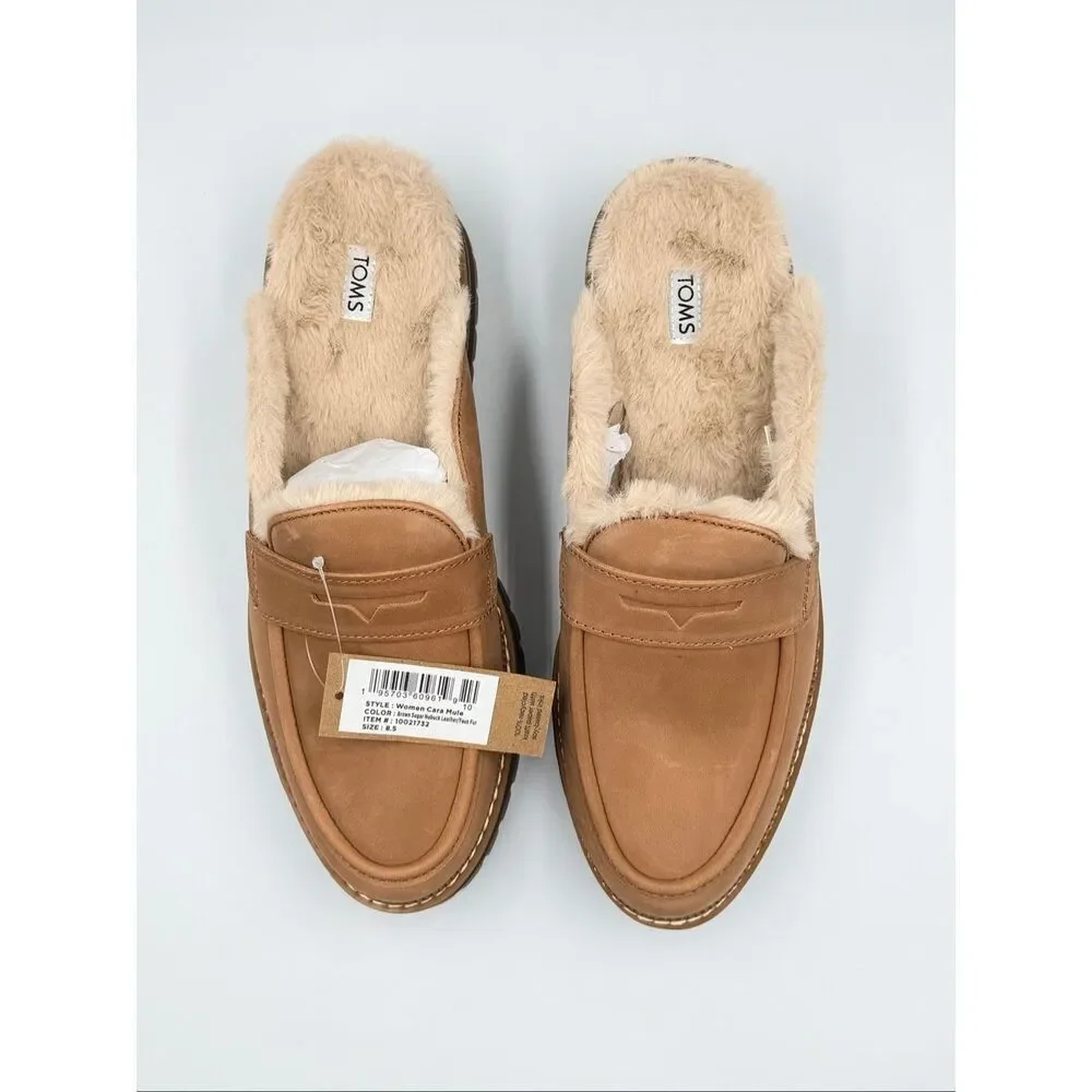 NIB TOMS Women's Cara Cozy Fur Lined Lug Sole Tan Suede Loafer Mule size 8.5